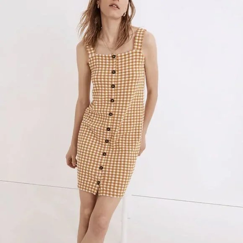 Madewell Jacquard Gingham Check Button Front Mini Dress Tank Small Antique Gold
